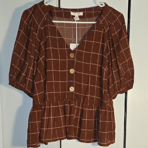 LC Lauren Conrad Tops - LC Lauren Conrad Brown Plaid V-Neck Blouse